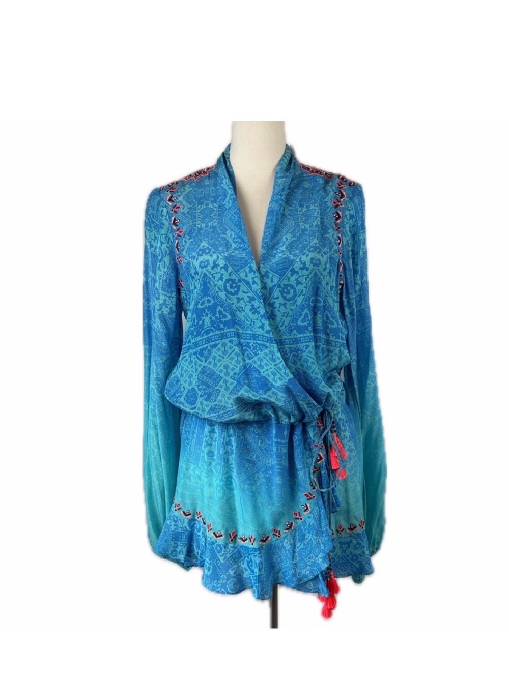 Rococo Sand Silk Embroidered Printed Turquoise Mini Dress Size M Resort Vacation